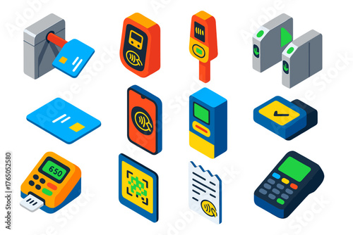 Transport Payment Icons. Isometric vector illustration set Public Transport Contactless Payment: metro turnstile tap, bus NFC