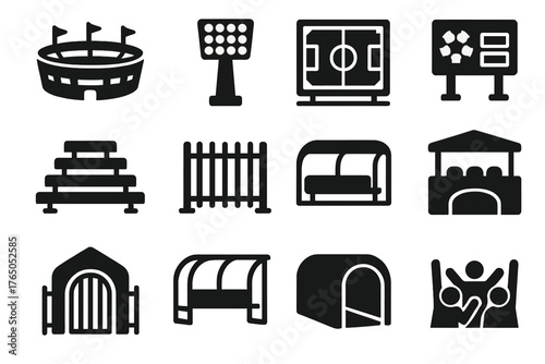 Soccer Stadium Icons. Solid style icons of Soccer stadium environment: stands, floodlights, pitch, bleachers, fence, scoreboard,