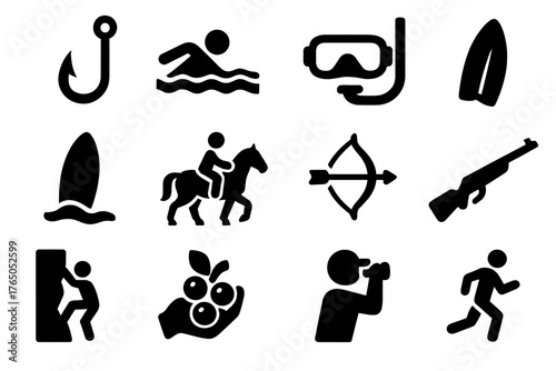 Nature Activity Icons. Solid style icons of nature activities: fishing hook, swimming wave, diving mask, paddle board, surfing