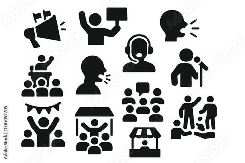 Public Events Icons. Solid style icons of public events: parade megaphone, protest speaker, demonstration shout, election rally,