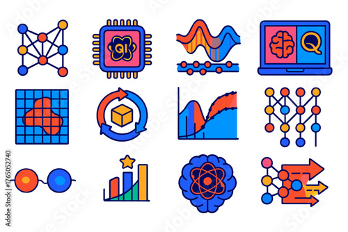 Quantum AI Illustrations. Isometric vector illustration set Quantum-inspired AI: neural network with qubit nodes, AI chip with