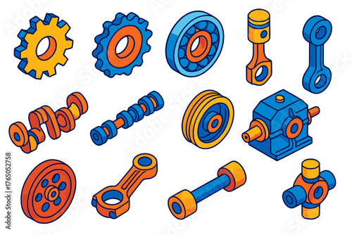 Mechanics Components Icons. Isometric vector illustration set Mechanics Components: gear, chain sprocket, bearing, piston,