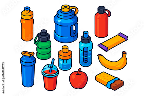Fitness Essentials Icons. Isometric vector illustration set Fitness and Workout Essentials: hydration bottle, gym flask, insulated