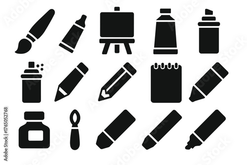 Art Tool Icons. Solid style icons of Art: paint brush, canvas on easel, paint tube, spray paint, drawing pencil, sketch pad, ink