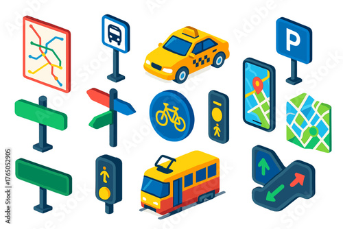 Urban Transportation Icons. Isometric vector illustration set Urban Navigation and Transport: metro map, bus stop sign, taxi icon,