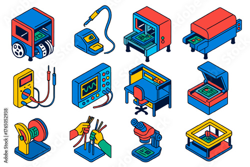 Electronics Manufacturing Icons. Isometric vector illustration set Electronics Manufacturing: PCB assembly machine, soldering