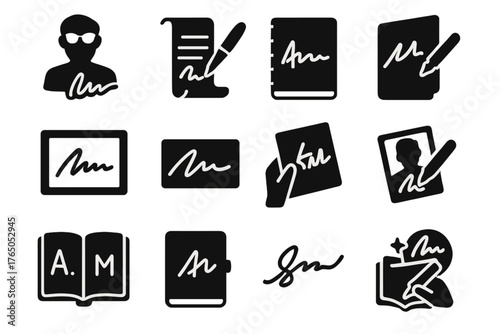 Autograph Icon Collection. Solid style icons of Autographs: celebrity autograph, pen on scroll, notebook with autograph, framed