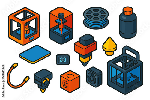 3D Printing Essentials. Isometric vector illustration set 3D Printing Basics: desktop 3D printer, resin 3D printer, filament spool