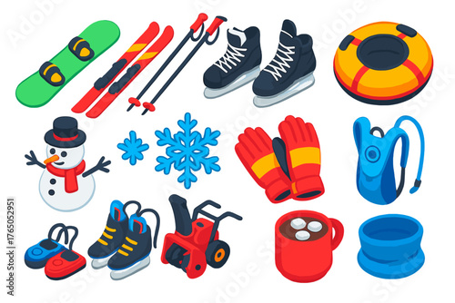 Winter Sports Icons. Isometric vector illustration set winter sports and fun: freestyle powder snowboard, downhill racing skis,