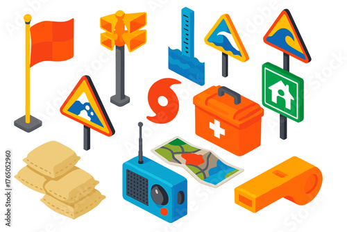 Safety Warning Icons. Isometric vector illustration set Safety and Warning: storm warning flag, tornado siren, flood gauge,