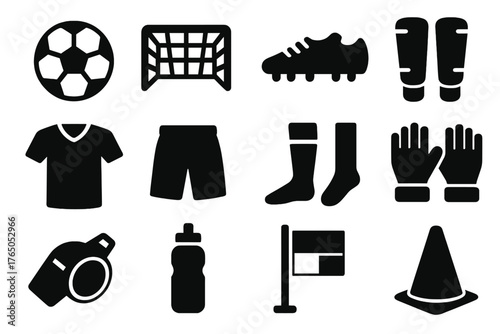 Soccer Equipment Icons. Solid style icons of Soccer equipment: soccer ball, goal, cleats, shin guards, jersey, shorts, socks,