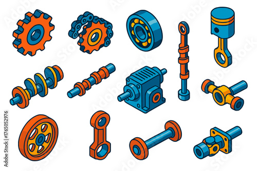 Mechanics Components Icons. Isometric vector illustration set Mechanics Components: gear, chain sprocket, bearing, piston,
