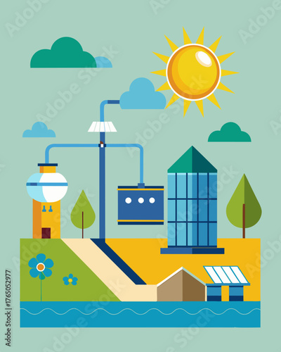 A solarpowered desalination plant powered by the suns rays silently works to provide a lifeline for both people and the environment turning salty seawater into lifegiving. Vector illustration
