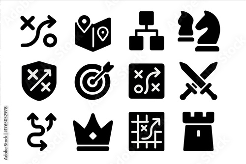 Strategy Icons Collection. Solid style icons of strategy: arrows on board, map with markers, planning chart, chess knight move,