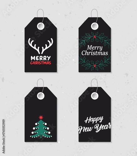 Collection of four vintage Christmas and New Year gift tags. Set of festive gift tag, sticker, label. Template for banner, invitation, postcard, card, wrapping, packaging. Vector illustration.