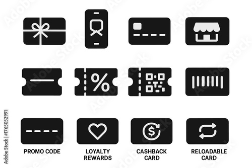 Gift Card Icons. Solid style icons of gift cards and vouchers: physical gift card, digital e‑gift card, prepaid debit card, store