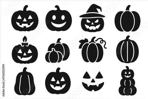 Halloween Pumpkin Icons. Solid style icons of Halloween pumpkins: carved jack o lantern, smiling pumpkin, scary pumpkin, pumpkin