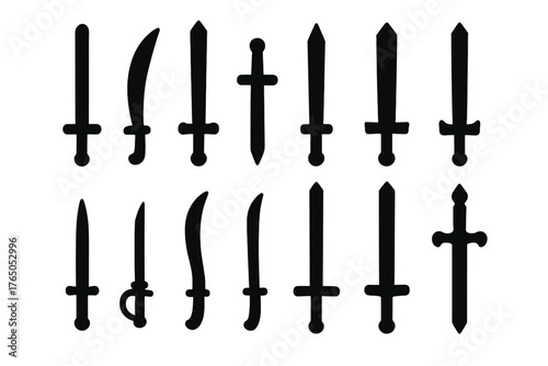 Diverse Sword Icons. Solid style icons of swords: straight sword, curved sword, double-edged sword, short sword, long sword, broad