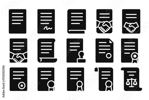 Solid Contract Icons. Solid style icons of Contracts: contract paper, signed page, sealed document, agreement form, partnership