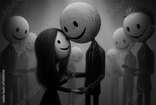 Characters with distinctive smiling faces engage in conversation in a foggy environment. The atmosphere blends mystery and artistry, creating an intriguing visual experience