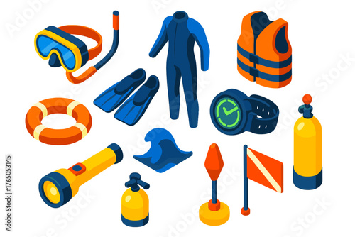 Diving Safety Gear Icons. Isometric vector illustration set Diving Safety Gear: dive mask, snorkel, fins, wetsuit, life jacket,