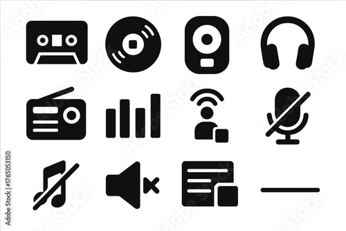 Silent Audio Icons. Solid style icons of audio end: cassette tape stop, vinyl record halted, CD player off, headphones resting,