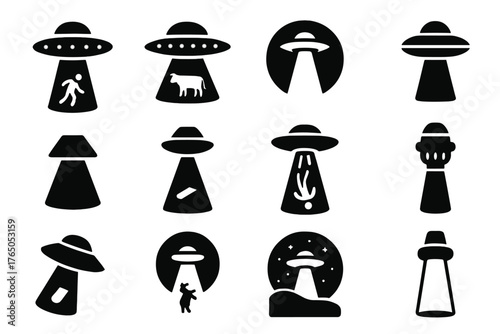 Alien Abduction Icons. Solid style icons of abductions: human lifted by beam, cow abduction, tractor beam circle, hovering saucer