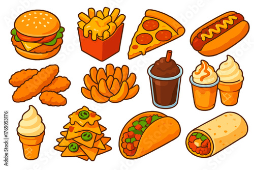 Colorful Fast Food Icons. Isometric vector illustration set Fast Food Items: chicken deluxe burger, fries with cheese sauce,