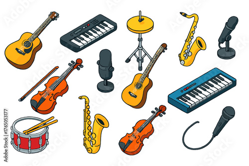Vibrant Music Instruments. Isometric vector illustration set music instruments: dreadnought acoustic guitar, compact digital piano