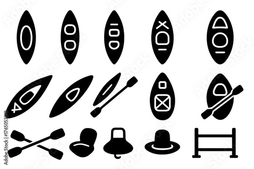 Solid Kayak Icons. Solid style icons of Kayaks: single kayak, tandem kayak, sit-on-top kayak, inflatable kayak, sea kayak, racing