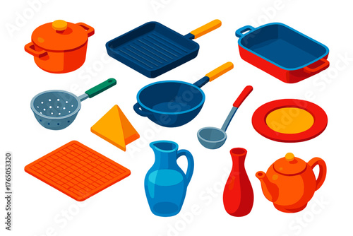 Vibrant Kitchen Icons. Isometric vector illustration set Kitchen and Dining Elements: casserole dish, grill pan, wok, roasting pan