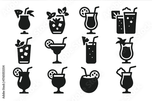 Tropical Cocktail Icons. Solid style icons of tropical cocktails: pina colada, mai tai, blue lagoon, tequila sunrise, mojito,