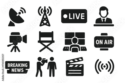 TV Broadcast Icons. Solid style icons of TV broadcasting: satellite dish, antenna tower, live broadcast symbol, TV news anchor,