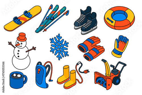 Winter Sports Icons. Isometric vector illustration set winter sports and fun: freestyle powder snowboard, downhill racing skis,