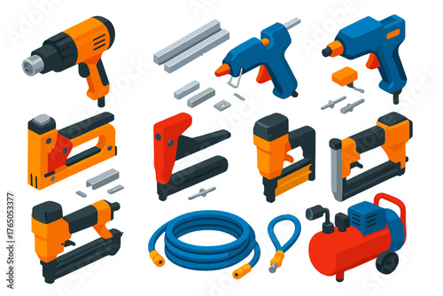 Vibrant Tools Collection. Isometric vector illustration set Tools: heat gun, hot glue gun, glue sticks, staple gun, staples, rivet