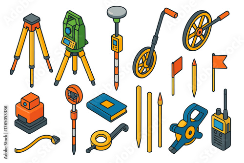 Survey Equipment Icons. Isometric vector illustration set Construction: surveyor tripod, total station, GPS survey device,