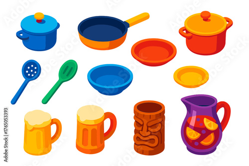 Bright Kitchenware Icons. Isometric vector illustration set Kitchen and Dining Elements: saucepan with lid, sauté pan, casserole