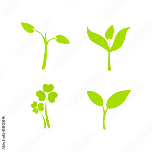 Green plant sprouts and clover leaves icons isolated on white background