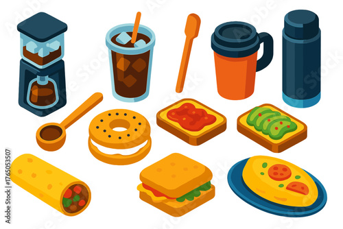 Coffee and Breakfast Icons. Isometric vector illustration set Coffee Equipment and Breakfast Treats: cold brew maker, iced coffee