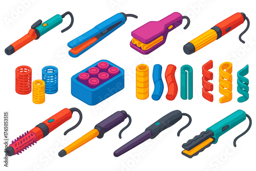 Hair Styling Tools. Isometric vector illustration set Hairdressing and Grooming Tools: curling iron, flat iron, wave wand,