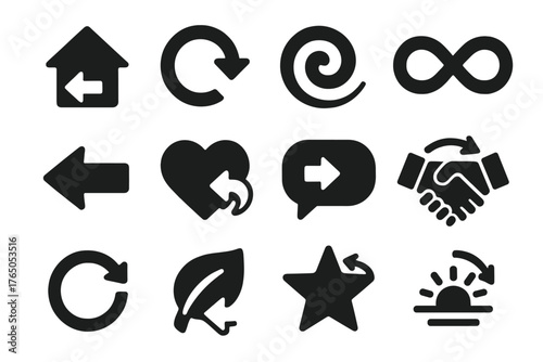 Symbolic Return Icons. Solid style icons of symbolic return: home arrow, circle back, spiral return, infinity loop, path backward,