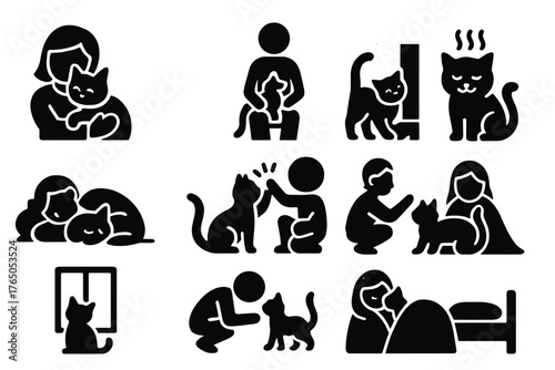 Cat Bonding Icons. Solid style icons of cat friendship: cat cuddling owner, cat sitting on lap, cat rubbing leg, cat purring, cat