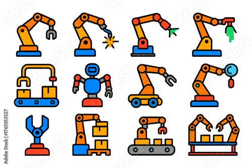 Colorful Industrial Robots. Isometric vector illustration set Industrial Robots: robotic arm, welding robot, painting robot,