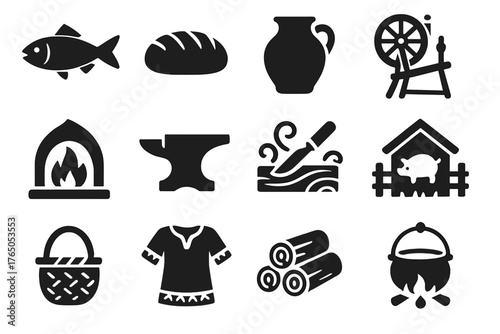 Viking Daily Icons. Solid style icons of Viking daily life: fish, bread, pottery, spinning wheel, forge, anvil, wood carving,