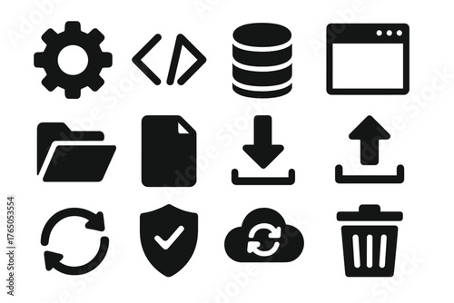 Solid Software Icons. Solid style icons of computer software: settings gear, code brackets, database, window tabs, folder open,