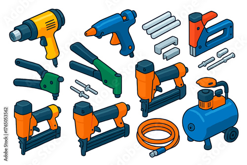 Vibrant Tools Collection. Isometric vector illustration set Tools: heat gun, hot glue gun, glue sticks, staple gun, staples, rivet