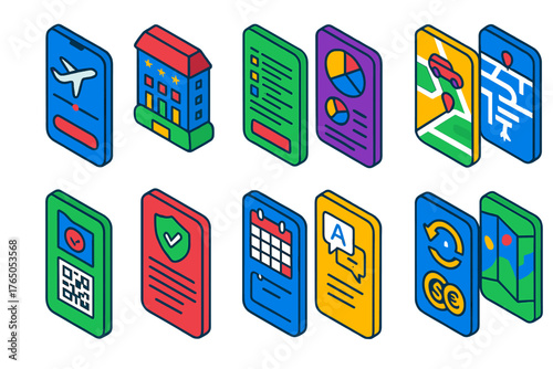 Business Travel App Icons. Isometric vector illustration set Business Travel Apps: flight booking screen, hotel booking, itinerary
