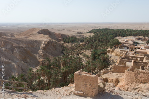 Aerial view of Chebika oasis and old village. Tunisia