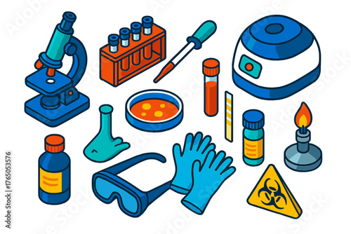 Healthcare Tools Icons. Isometric vector illustration set First Aid and Healthcare Tools: laboratory microscope, test tube rack,