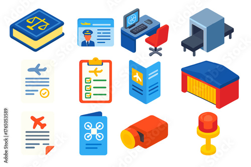 Aviation Law Essentials. Isometric vector illustration set Law and Justice: aviation law book, pilot’s license, air traffic